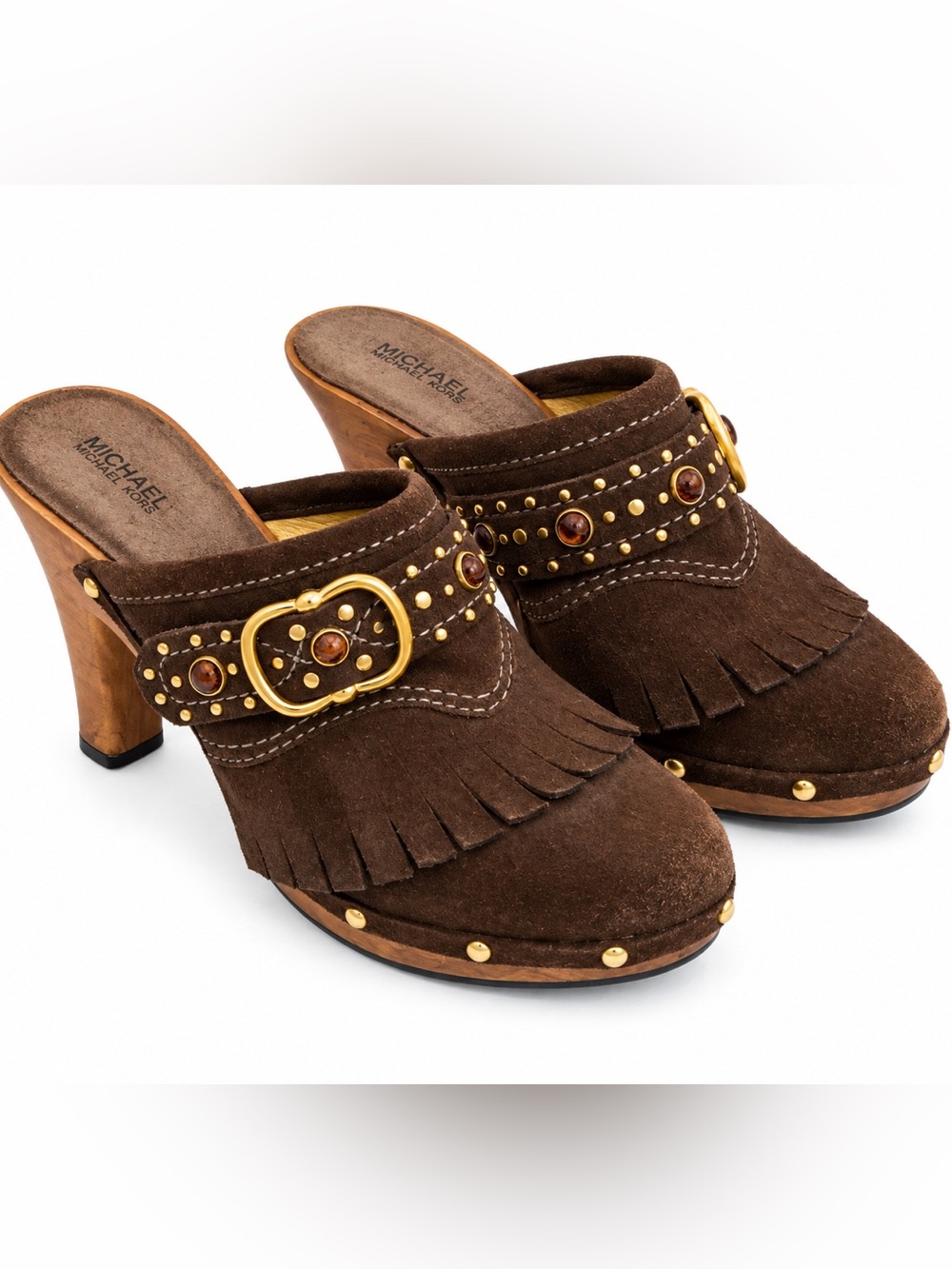 Michael Kors Dark Brown Suede Fringe Clog Mule with Gold Buckle